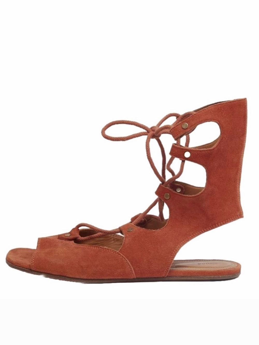 Chloé Rust Orange Sandals Suede Gladiator Lace Up Flat 7.5 Casual Summer Resort